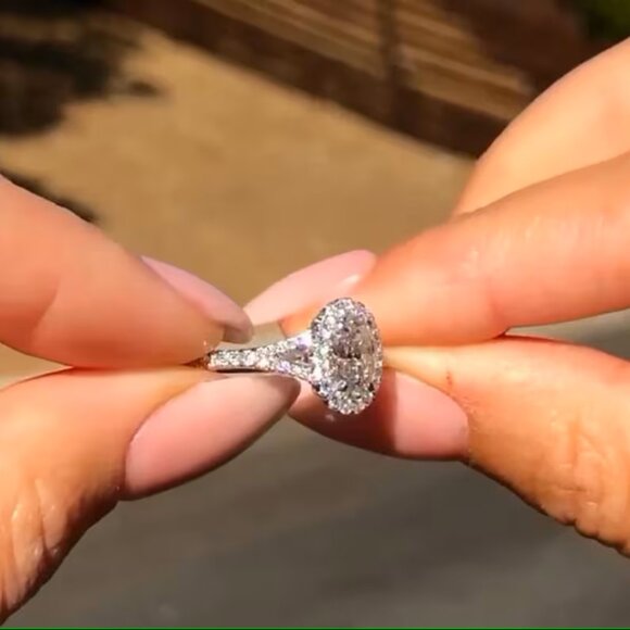 Custom Made Halo 10K Gold Ring, Oval With Round Cut Moissanite Diamond Ring - Picture 2 of 4